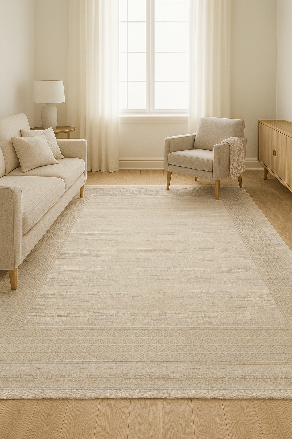 Picasso Pärlvit - Elegant ljus matta med pärlvit ram i diskret mönster